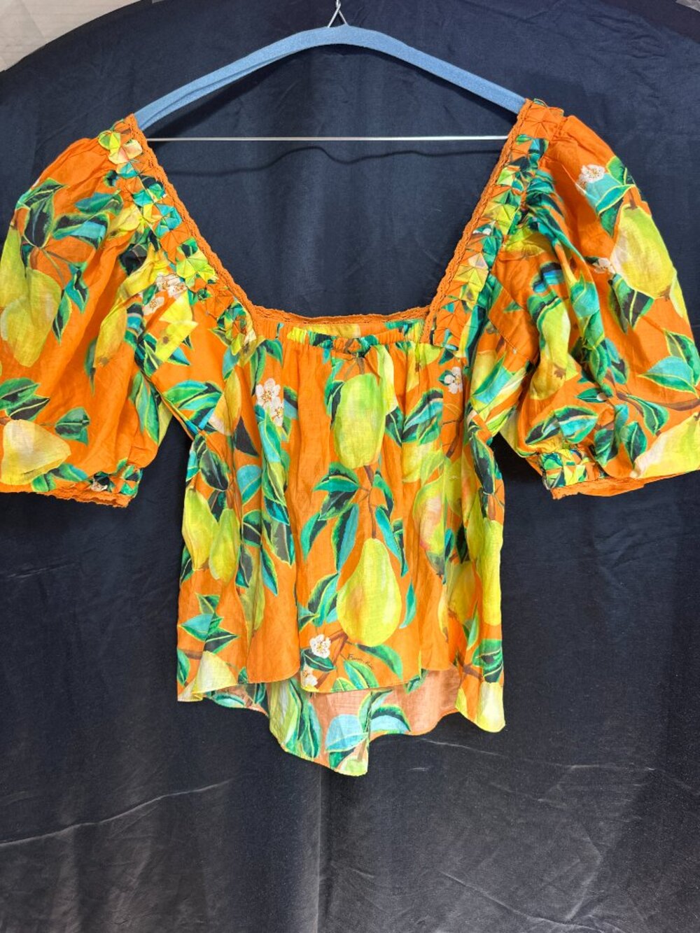 FARM Rio Orange Pear Lemon Fruit Print Smocked Off-Shoulder Puff Sleeve Blouse M - Picture 9 of 9